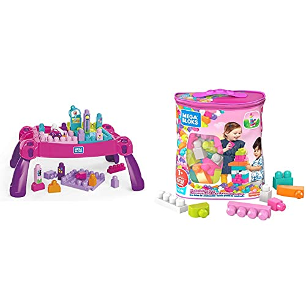 Mega Bloks Build 'n Learn Table & Bloks DCH54 Big Building Bag, Pink, 60 Pieces - Mega Bloks Build 'n Learn Table & Bloks DCH54 Big Building Bag, Pink, 60 Pieces