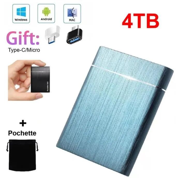 SSD Portable Disque Dur Externe 4TB 4To Bleu avec OTG Type-C et Micro B + Pochette Sac de Stockage en Tissu